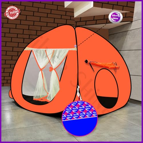 Image of SILVER SHINE Foldable Kids Play Tent House | Pop-Up Playhouse for Boys & Girls (Up to 10 Years) | Multi-Purpose Indoor & Outdoor Tent with Mosquito Net | Fun Orange Theme - Easy Setup & Portable