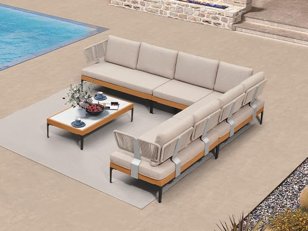 Image of PURPLE LEAF Patio Furniture Set Outdoor Sectional Sofa with Coffee Table Cushions and Pillows Wicker L-Shaped 9 Pieces Aluminum Conversation Sets for Balcony Yard Garden Poolside, Oatmeal Greige