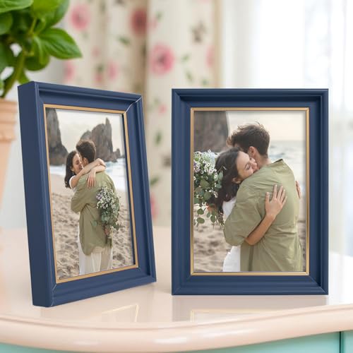 Image of GOLDEN PEACOCK 5x7 Inch Photo Frames Set of 2 - Dusk Blue & Gold