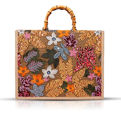 Qtkj Tote Bag For Women, Beach Bag, Sequin Embroidery Straw Bag, Hand-Woven Bamboo Handle, Bohemian Handbag Large Capacity Shoulder Bag Suitable For Travel Daily cover