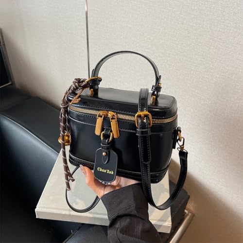 Retro PU Leather Bucket Bag for Women Zipper Closure Small Crossbody Handbags with Pendant Top Handle Casual Shopper2