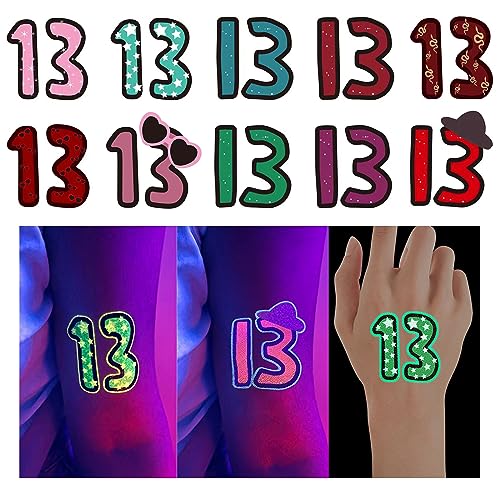 Glow in the Dark Number 13 Tattoo Stickers for Swifties- 48 Pack (32 Glow + 16 Regular) | Waterproof Temporary Tattoos for Parties Music Festivals & Theme Events