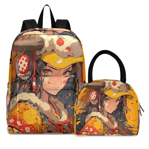 Backpack Lunch Bag Set Tribal Warrior Anime Print, Big Storage Travel Backpacks with Insulated Lunch Box for Office Hiking Picnic