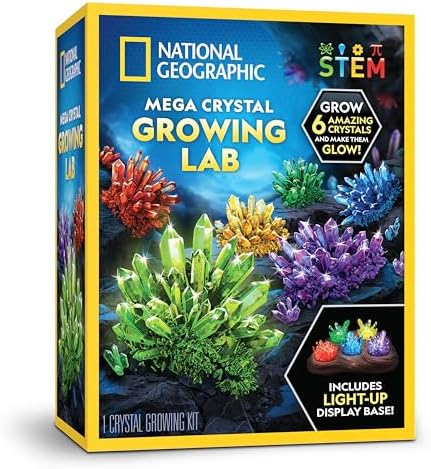 National Geographic Mega Crystal Growing Kit for Kids- Grow 6 Crystals with Light-Up Stand, Science Gifts for Kids 8-12, Crystal Making Experiment, Science Kit for Girls and Boys