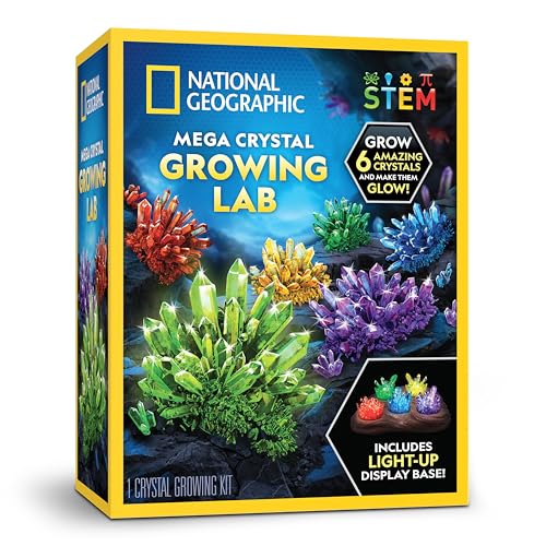 NATIONAL GEOGRAPHIC Mega Crystal Growing Kit for Kids- Grow 6 Crystals + Light-Up Stand Science Gifts Crystal Making Science Kit for Girls & Boys