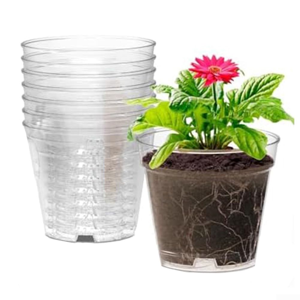 TDCuizent 8-Pack Clear 4-Inch Nursery Pots with Drainage Holes and Trays Transparent Plastic Plant Containers for Succulents Orchids Indoor Outdoor Gardening