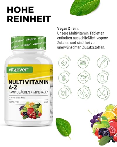 Multivitamin A-Z - 365 Tabletten (12 Monate) - 32 aktive Inhaltsstoffe - Kombination aus Mineralien + Aminosäuren + Spurenelementen + Pflanzenextrakten - Vegan - Hochdosiert – Bild 6