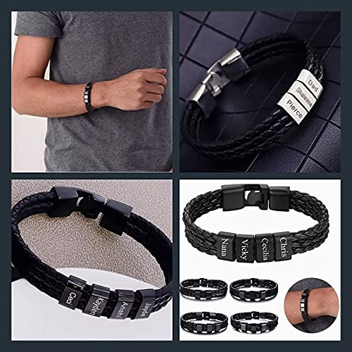 Memolome Personalized Black Braid Leather Custom 2-4 Names Engraved Bracelet Customized Id Bracelet For Women Men Dad Boyfriend Lover Best Friend Father’s Day Anniversary Christmas Gift #TOP4