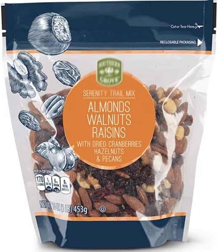Grove Serenity Southern Omega Nut Trail Mix: Raw Almonds Walnuts Raisins Dried Cranberries Hazelnuts Pecans - Snacking Snack Food Treat 16oz Bag
