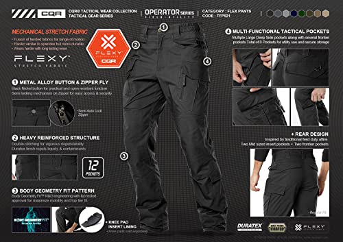 Cqr Men's Flex Stretch Tactical Pants, Water Resistant Ripstop Cargo Pants, Lightweight Edc Outdoor Hiking Work Pants, Flexy Cargo Zip Black, 38W X 34L #TOP4