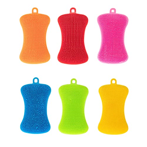 Silicone Sponge Dish Washing Kitchen Scrubber 6 Pack Reusable Dish Washing Cleaning Sponges Double-Sided Multipurpose Non Stick Silicone Dish Sponges for Dishes Fruit Vegetable Multicolor