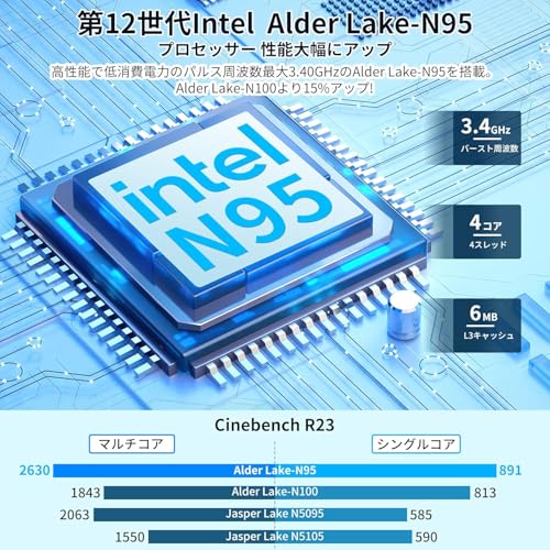 undefined ミニpc 最新第12世代 n95 ミニpc動作より安定 2023新版 最大3.4GHz mini pc 4C 4T 16GB換装可 8GB 256GB SSD 容量拡大可能 4K 静音 高速熱放散 小型超軽量 豊富なインターフェース USB3.0/HDMI 2.0高速2.4G/5GWi-Fi BT4.2 省電力 Win11対応 の商品画像 1