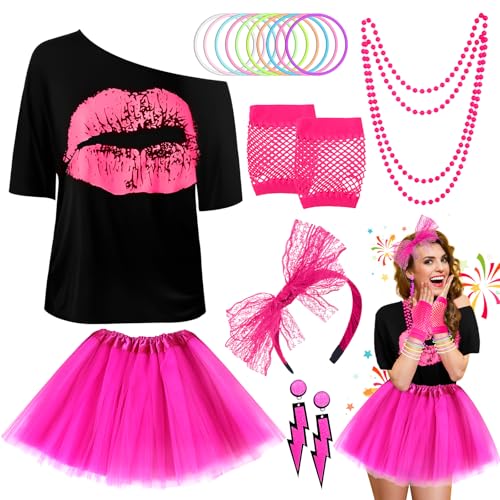Shepinsky 80s Fancy Dress For Women, 80s Neon Costume Accessories Set,Lip Print T-shirt,Tutu Skirt with lining,Necklaces,Fishnet Gloves,Earrings,Headband,Bracelets for Retro Theme Party Cosplay (XXL)