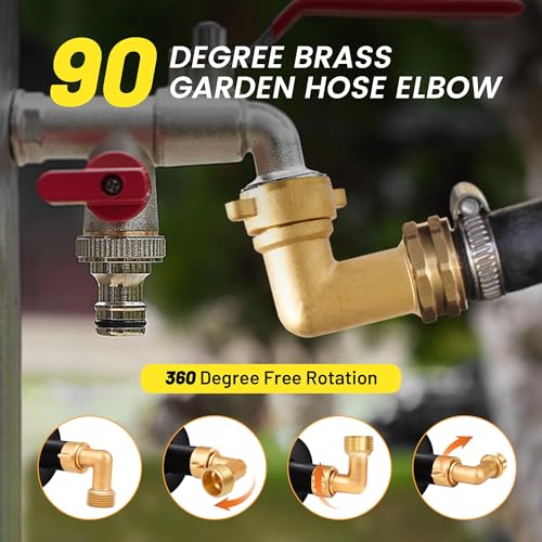 Image of Oyviny 90 Degree Garden Elbow Water Hose Connector, 3 /4 inch FHT Outside Water Faucet Solid Brass Hose Connection with 4 O-rings Garden Hose Fittings Connector, Water Hose Elbow for RV & Garden