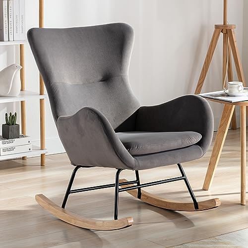Tsuysi Velvet Rocking Chair Nursery, Upholstered Rocking Chairs with High Backrest and Armrests, Small Glider Chair for Nursery, Living Room, Bedroom (Grey) - Thumbnail 2