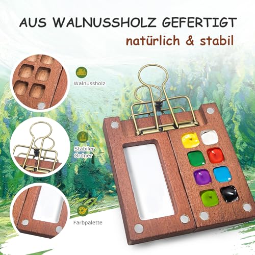 Mini Aquarell Set – Tragbare Reise-Palette mit 8 Fächern – Pocketartist Skizzenbuch-Set mit Aquarellpapier, Pinseln, Binder-Clips – Kompaktes Wasserfarben Set für unterwegs