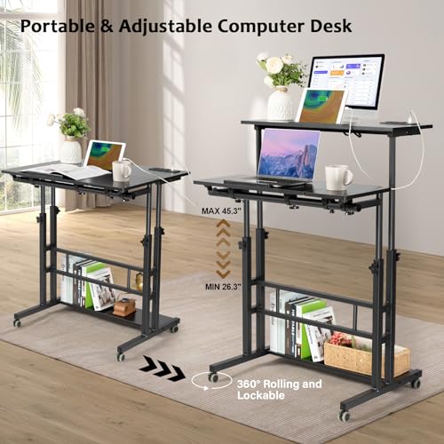 Image of Hadulcet Stand Up Desk, Rolling Desk Adjustable Height, Mobile Standing Desk with Wheels & Charging Station, Portable Stand for Laptop, Rolling Computer Cart TV Tray, Small Standing Desk Drawing Table
