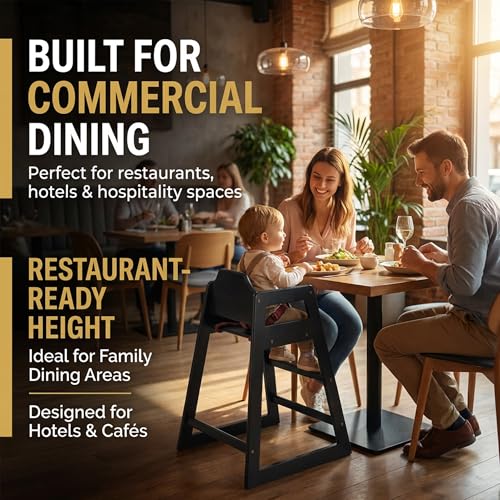 Image of Black Wooden Restaurant High Chair - Stackable Rubberwood Dining Chair with Safety Bar, Easy-Clean Finish, Commercial Restaurant Seating