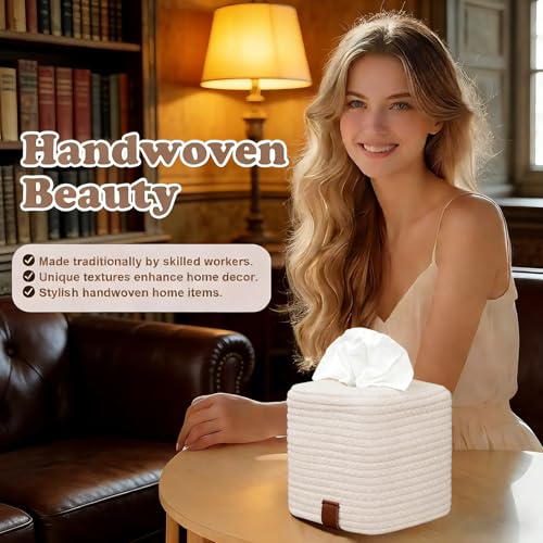 Cream Kosmetiktücherbox quadratisch - Taschentücher Box Spender, Tissue Box Cover, Stilvolle Taschentuchbox, Kosmetiktücher Boxen, Kosmetiktuchbox, Taschentuch Boxen für Heim und Office