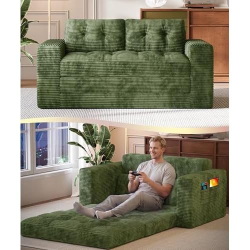 Gizoon Convertible Futon Sofa Bed, Folding Floor Couch with Pillows & High Density Foam, Aesthetic Portable Corduroy Sleeper Sofa for Guest Room & Sma