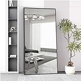 AUFHELLEN Standspiegel Ganzkörperspiegel 193x86cm, Spiegel mit Schwarz Metallrahmen HD Groß Bodenspiegel Wandspiegel mit Haken für Wohn-, Schlaf- und Ankleidezimmer Spiegel