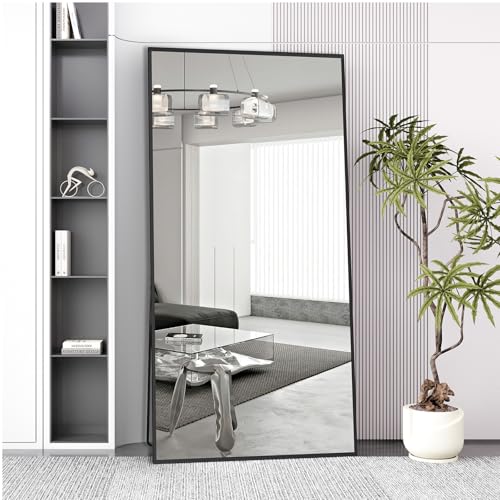 AUFHELLEN Standspiegel Ganzkörperspiegel 193x86cm, Spiegel mit Schwarz Metallrahmen HD Groß Bodenspiegel Wandspiegel mit Haken für Wohn-, Schlaf- und Ankleidezimmer Spiegel