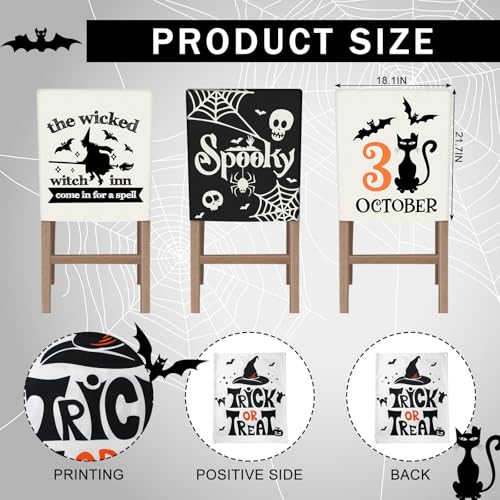 Shellwei 6 Pcs Halloween Chair Covers 18.1x21.7\'\' Halloween Print Skeleton Pumpkin Bat Witch Ghost Removable Spooky Chair Back Covers Halloween Indoor Decorations Seat Covers for Home Restaurant Party - Thumbnail 2