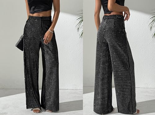 heipeiwa Women's Rhinestone Stripes Velvet Palazzo Pants High Waist Wide Leg Sparkle Shiny Sequin Trouser2