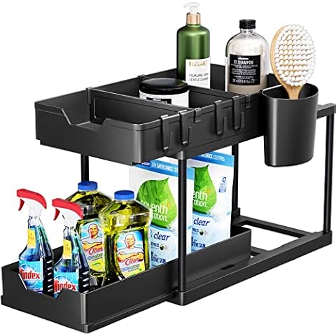 Puricon 1 Pack Under Sink Storage Kitchen Organiser with 2 Tier Double Slide Out Drawer, Multi-purpose Sliding Under Sink Shelf Bathroom Storage Rack for Countertop Laundry Cabinet -Black Cover