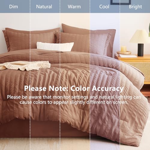 Image of CozyLux Queen Comforter Set Mocha Mousse, 7 Pieces Seersucker Textured Luxury Bed in a Bag Queen, All Seasons Bedding Sets with Down Alternative Comforter, Sheets, Pillowcases & Shams, Bedroom Bed Set