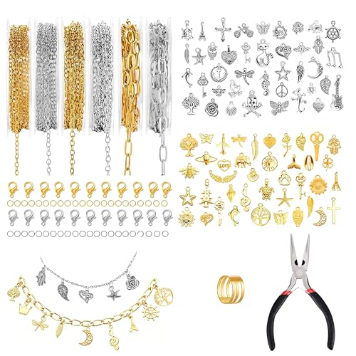 HOMIKLSA 6 Rouleau Chaine Acier Inoxydable, Chaînes de Collier Or Argen, Kit Fabrication Bijoux, avec 80 Breloque Acier Inoxydable (Modèles Aléatoires),...