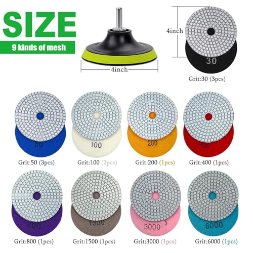 Image of 16PCS Wet Dry Diamond Polishing Pad Kit, 4 Inch Diamond Sanding Pad 30-6000 Grit with 5 /8''-11 Thread Backer Plate for Concrete Marble Quartz Granite Countertop Stone & Tile Polishing