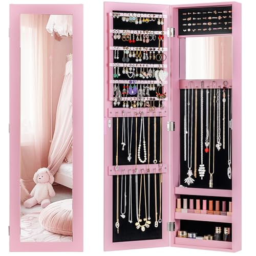 Giantex Wall Mounted Jewelry Cabinet with Full Length Mirror Over The Door Jewelry Armoire Organizer with Large Storage Makeup Mirror & Velvet Lining (Pink)