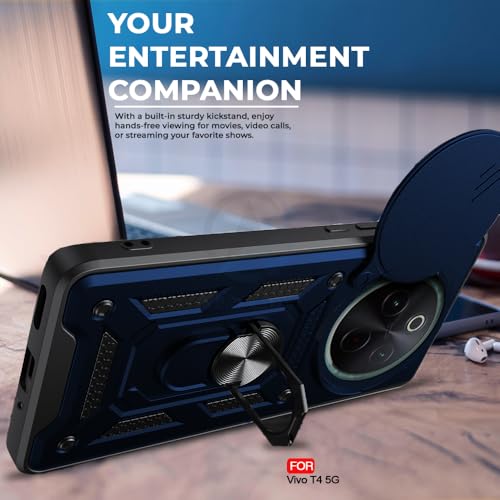 Image of AESTMO Tough Armor Vivo T4 5G / iQOO Z10 5G Bumper Back Case Cover | Ring Holder & Sliding Camera Shield Cover | 360 Degree Protection Back Case Cover for Vivo T4 5G / iQOO Z10 5G (Blue)