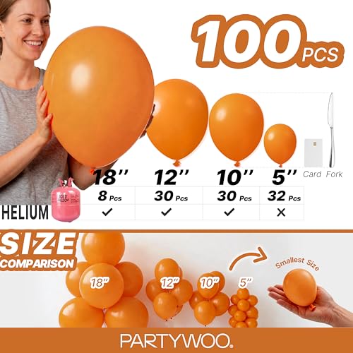 Image of PartyWoo Burnt Orange Balloons 100 pcs Different Sizes of 18 12 10 5 Inch Terracotta Rust Fall Color Latex Balloon Arch Kit Garland for Thanksgiving Halloween Birthday Party Decorations Orange-F53