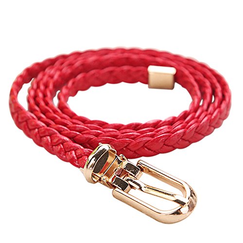 Bluelans® Women's Braided PU Leather Slim Waist Belt All Match Waistband with Metal Buckle- Red