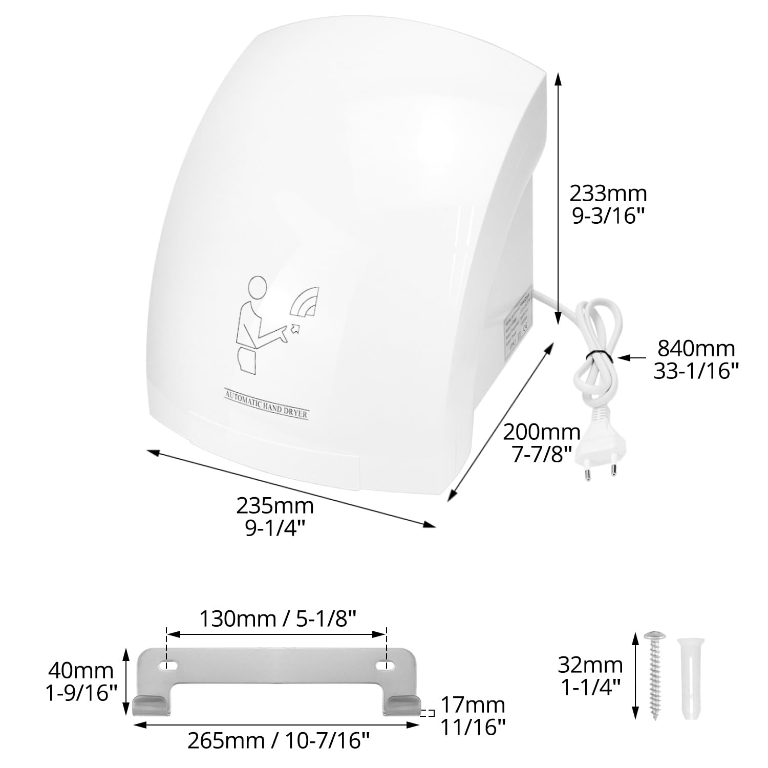 QWORK® Secador de Manos eléctrico automático, secador de Manos para Montaje en Pared, 1800W, Aire frío y Caliente Regulable, Blanco