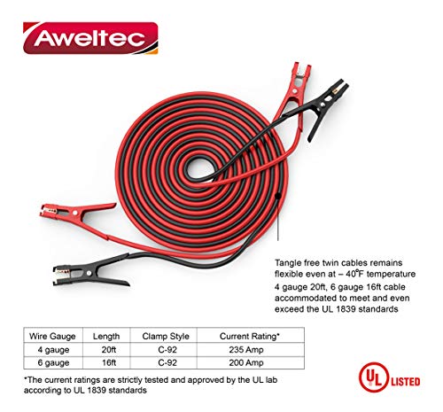 AWELTEC Jumper Cables UL-Listed 6 Gauge 16 Feet Heavy Duty Booster Cables with Carry Bag (6AWG x 16Ft)