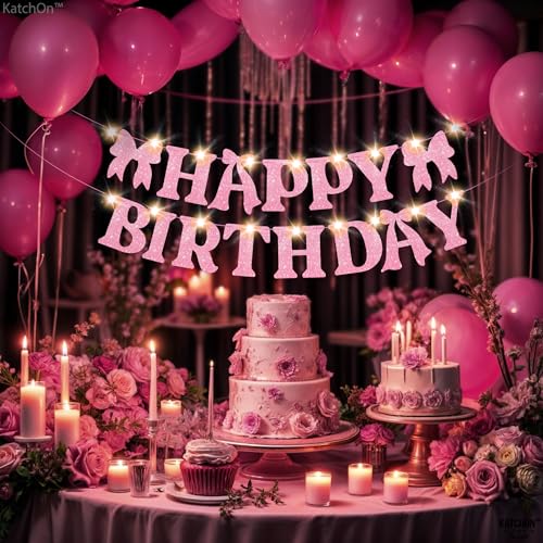 Image of KatchOn, Pink Bow Happy Birthday Banner with Lights, Pre-Strung - 10 Feet | Happy Birthday Decorations for Women, Kids | Glitter Pink Bow Party Decorations | Happy Birthday Backdrop