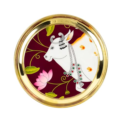 Image of Klassic 6 Inch Brass Pooja Thali, Traditional Auspicious Handcrafted Designed Bhog Plate for Puja Ghar Home Office Mandir Diwali Wedding Return Gift Items (Pack of 4, Golden)