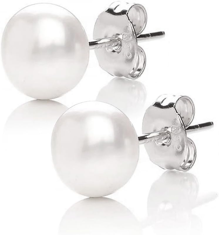 MABELLA 925 Sterling Silver AAA Genuine Freshwater Cultured Pearl White Button Stud Earrings Jewelry Gifts for Women