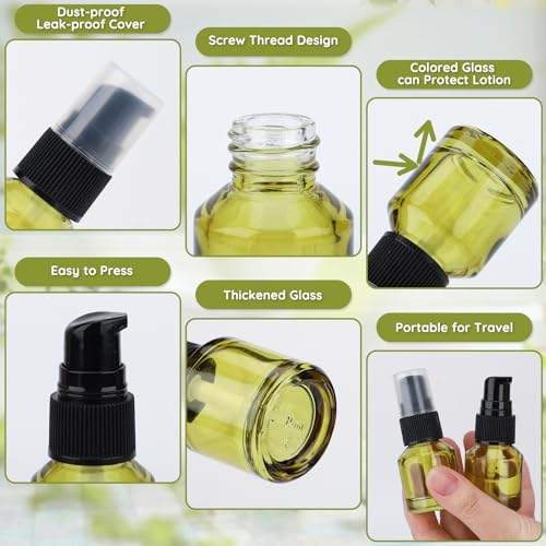 Image of Segbeauty 6pcs Refillable Glass Creams Lotions Bottles, 0.5oz Empty Travel Glass Pump Bottle Lotion 1oz Lotion Pump Bottle Dispenser for Essential Oils, 2oz Mini Travel Container for Foundation Green