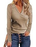 Minetom Damen V-Ausschnitt Spitze/Knöpfe Langarm Rippe Tunika Top Locker Casual T-Shirt Bluse Solide Elegant Oberteile Basic Einfarbig Hemd Henley Shirt Sommer Frühling A Braun XXL