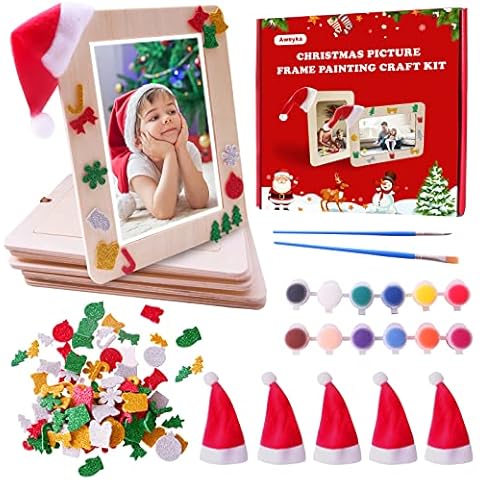 Picture Frame Painting Craft Kit Set, Include 6 Packs 6 x 8 inch DIY Christmas Wooden Ornaments Photo Frames with Painting Color Set, Hat, Stickers for Kids Craft, Paint, Decorate, Christmas Gift Cover