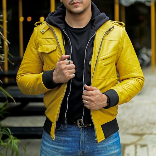 Image of Jild Hooded 2.0 Leather Jacket Men - Genuine Lambskin Leather Bomber Jacket with Removable Hood for Mens Fashion