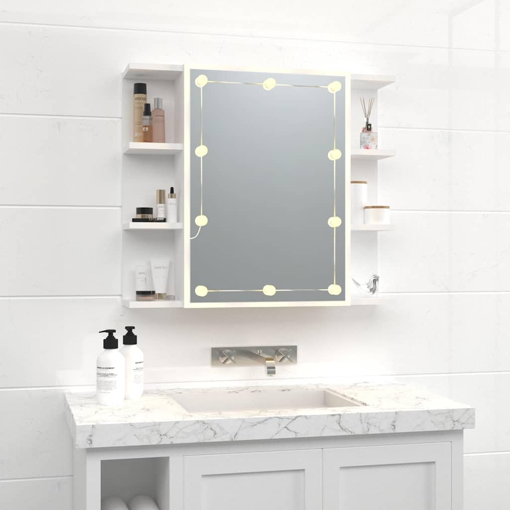 Armadio a specchio a LED, bianco, 70 x 16,5 x 60 cm, con illuminazione, con porta USB, ampi scomparti, in legno, montaggio a parete, elegante tavolo da toeletta