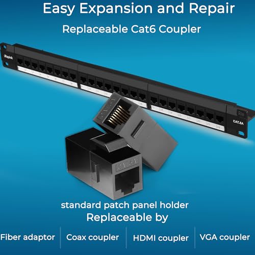Rapink Patch Panel 24 Port Cat6A with Inline Keystone 10G Support, Pass-Thru Coupler UTP 19-Inch with Removable Back Bar, 1U Network Patch Panel for Cat6a,Cat6, Cat5e, Cat5 Cabling - Thumbnail 3