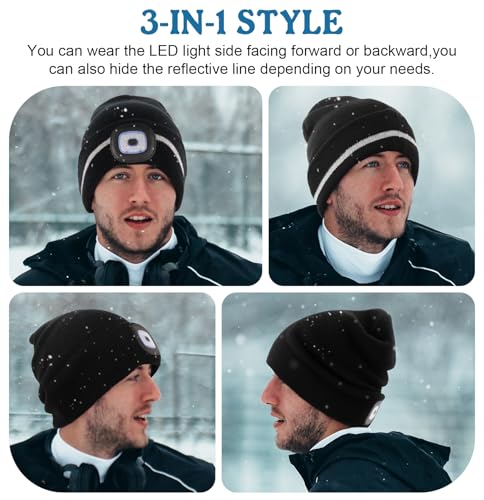 image for MELASA Reflective Stripe LED Beanie Safety High Visibility Winter Ther