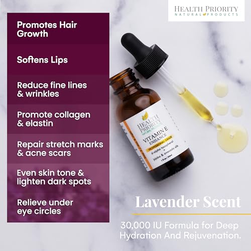 Health Priority Naturals|Organic Vitamin E Oil for Skin/Scars - 15000 IU, 1 Fl Oz - Handmade in South Carolina, Non-GMO, Gluten/Cruelty Free, Vegan - Lavender Scented