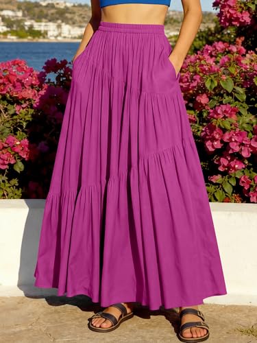 Image of ANRABESS Women's Boho Elastic High Waist Pleated A-Line Flowy Swing Asymmetric Tiered Maxi Long Skirt Dress with Pockets